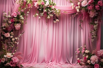 Fototapeta na wymiar Pink Curtain Studio Backdrop with Delicate Floral Elements