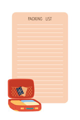 Template for packing list. Packing List and open suitcase with folded things. Open baggage with travel clothes. Preparing for vacation, journey or trip. Colored flat Vector illustration isolated.