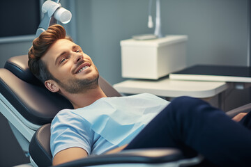 Homem deitado em uma maca em um consultório odontológico  - obrazy, fototapety, plakaty