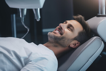 Homem deitado em uma maca em um consultório odontológico 