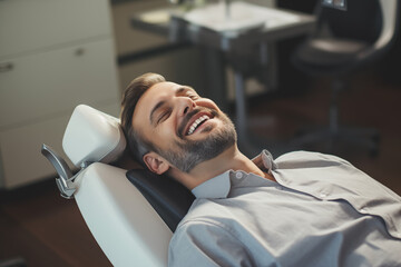 Homem deitado em uma maca em um consultório odontológico  - obrazy, fototapety, plakaty