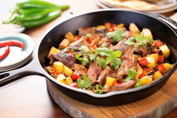 cast iron skillet with carnitas and charred pineapple