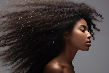 Mulher afro com cabelo grande e cacheado sobre o ar  - obrazy, fototapety, plakaty
