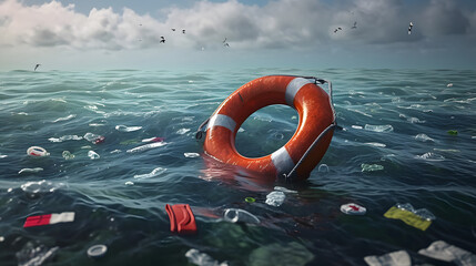 Ocean plastic pollution concept with plastic waist and lifebuoy floating in the ocean or sea
