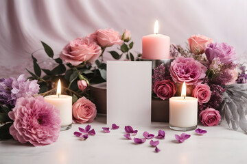 A minimal romantic concept with pink roses, candles and white greeting card