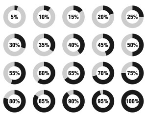 Circle percentage diagrams set for infographics. from 5% to 100%. vector illustration isolated on white background.