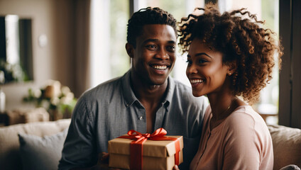St. Valentine's Day. Young African American couple smiling on their special day, giving each other gifts. Exchange of gifts between a girl and a guy. Romance, tenderness and joy of love. Lovers - obrazy, fototapety, plakaty