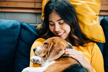 Embracing the concept of trust and love, a woman and her Beagle dog sleep together on the sofa in...