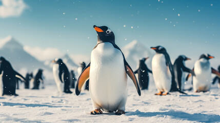 family of three cute penguins on a snowy background, realistic 