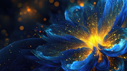 Midnight blue and sunflower yellow magical abstract with radiant particles