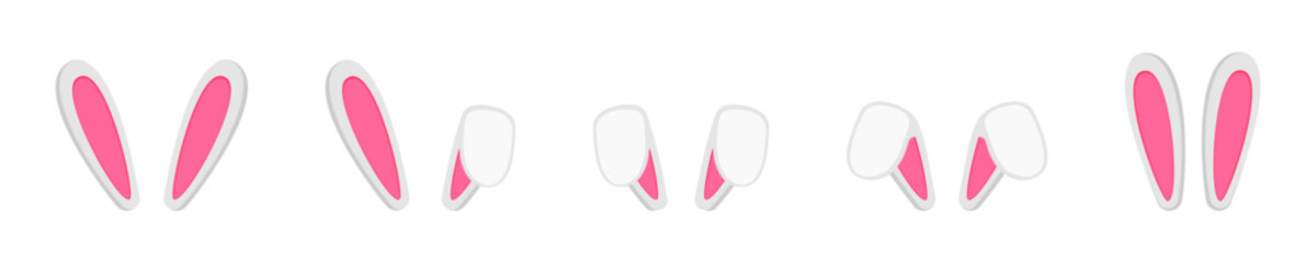 Set of cute bunny ears. Costume elements of Easter rabbit for kids party or photo shoot, greeting card or celebration banner isolated on white background. Vector flat illustration