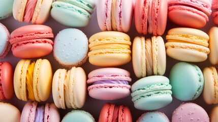 Colourful macarons backdrop. View from above. Aesthetic delicious background. Pastel colour...