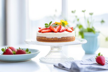 vegan cheesecake with almond crust, strawberries aside