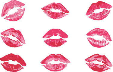 Set imprint kiss lips on transparent background. Realistisch vector kiss in pink color. Human lips....