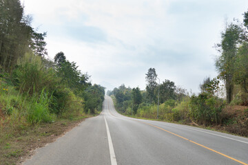 Road with uphill and downhill slopes leading straight ahead. On both sides of the road are filled...