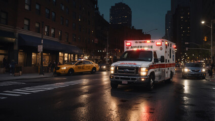 An ambulance, fast and modern, against the backdrop of the city at night, arrived at the scene of the accident to provide emergency medical care
