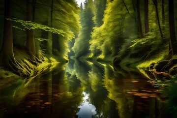 A tranquil river cutting through a dense Bavarian forest, its surface reflecting the lush greenery above.