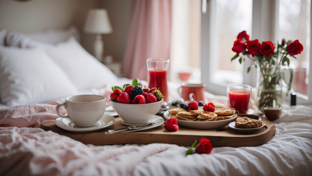 Classic bedroom with beautifully served breakfast in bed on February 14th. Romantic breakfast for loved on Valentine's Day. Red roses complement picture with love and passion. Romantic mood in morning