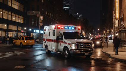 Fototapeta na wymiar An ambulance in a modern city responded to a call after an accident, driving through the streets at night. The medical service urgently responds to incidents and is sent to the scene