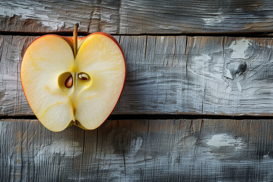 Half of the apple in the shape of heart on wooden surface. Healthy food concept.