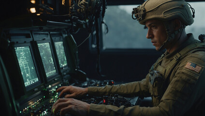 Naklejka premium Modern soldiers wage war supported by advanced aerial drone technology, making modern warfare much more efficient and precise. Aerial drones help in the development and analysis of operations