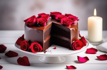 Chocolate cake decorated with red roses on a white plate. There is a white candle nearby. Festive table, Valentine's day, wedding, romance, holiday.
