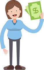 Woman Character Holding Dollar Banknotes
