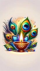 Illustration of thaipusam greeting card with diya lamp and peacock feathers and copy space.
