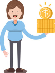 Woman Character Holding Dollar Coins
