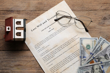 Last Will and Testament, house model, dollar bills and glasses on wooden table, flat lay