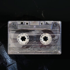 Vintage audio cassette tape. Old audio cassette tapes, top view. 80s. retro music cover. New Cover music