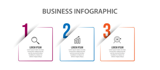 Simple infographic business with 3 parts or steps, there are icons, text, numbers. Can be used for presentation banners, workflow layouts, process diagrams, flow charts, infographics, your business pr - obrazy, fototapety, plakaty