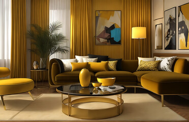 Fototapeta premium Minimalist interior design of modern living room with chair,sofa cushions,coffee table.Generative AI