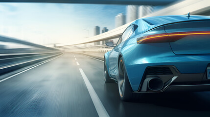 Blue car rushing along a high-speed highway. Generated AI