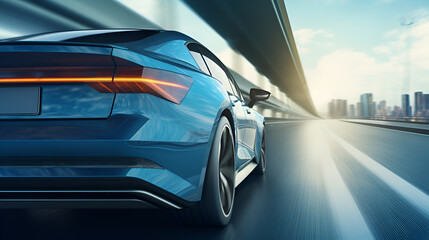 Fototapeta premium Blue car rushing along a high-speed highway. Generated AI