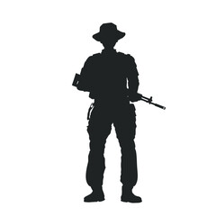 Isolated silhouette of a soldier with a rifle. Drawing of a stormtrooper with a weapon. Portrait of a veteran in military equipment