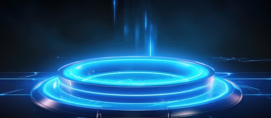 Fototapeta na wymiar Futuristic teleport podiums Blue, neon hologram portal. Magic fantasy portal. Magic circle teleport