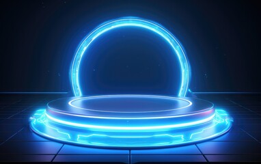 Futuristic teleport podiums Blue, neon hologram portal. Magic fantasy portal. Magic circle teleport