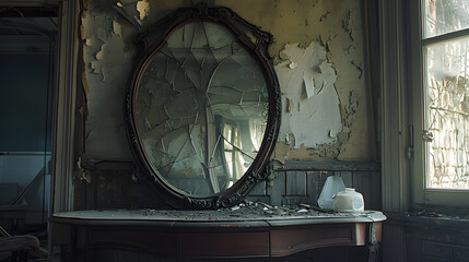 Old, crazed wall mirror in an abandoned house. vintage look.