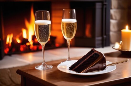 A piece of chocolate cake on a white plate, next to 2 glasses of champagne on the background of a burning fireplace. Festive table, Valentine's day, wedding, romance, holiday.