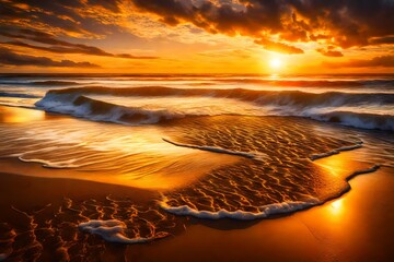 A majestic sunset casting golden hues on a serene beach, with waves gently kissing the shore.