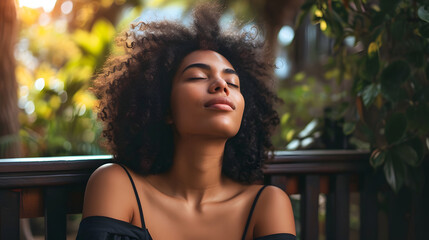 Woman in nature with her eyes closed.