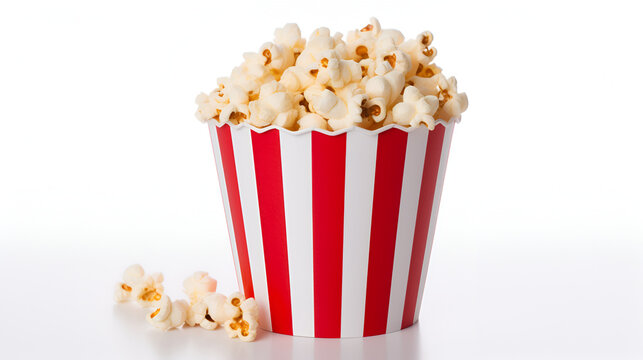 Popcorn in red and white striped cardboard bucket on white background generated AI