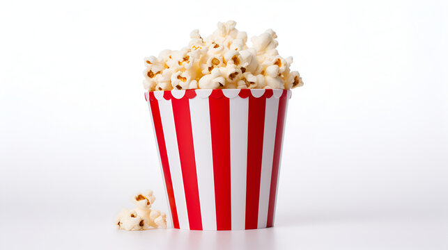 Popcorn in red and white striped cardboard bucket on white background generated AI