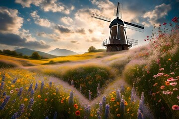 A pastoral scene  a majestic windmill surrounded by a symphony of blossoming, fragrant wildflowers. - obrazy, fototapety, plakaty
