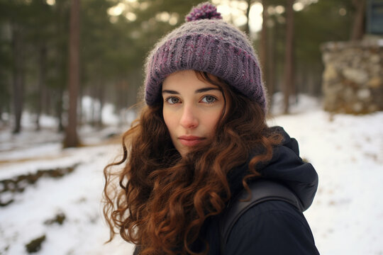 thoughtful girl in snowy landscape in winter picture