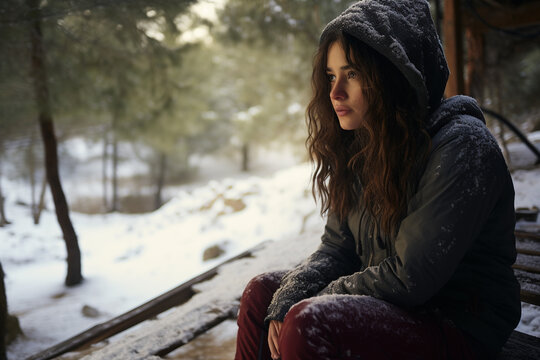 thoughtful girl in snowy landscape in winter picture