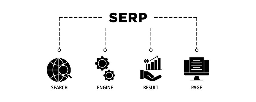 SERP banner web icon set vector illustration concept for search engine result page with icon of web search, computer, search engine, mobile search, page result, and statistics graph