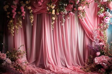 Pink Curtain Studio Backdrop with Delicate Floral Elements