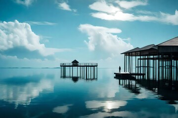 A solitary overwater haven, its stilts delicately mirrored on the calm, mirror-like surface of the ocean, creating a serene and picturesque spectacle.